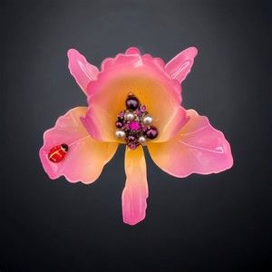 Vintage Joan Rivers Pink Yellow Orchid Beaded Pearl Brooch Pin with Ladybug 3"